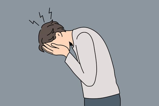 Unhappy guy cover face cry feel broken depressed suffer from mental psychological problems. Upset man stressed with life troubles. Depression and nervous disorder. Panic attack. Vector illustration.