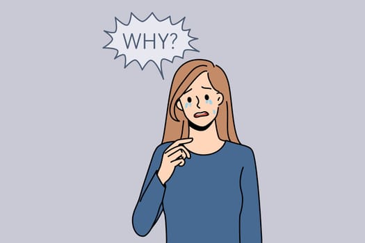 Unhappy young woman feel stressed crying of life injustice or discrimination. Upset girl distressed suffer from mental or psychological problems. Depression, healthcare concept. Vector illustration.