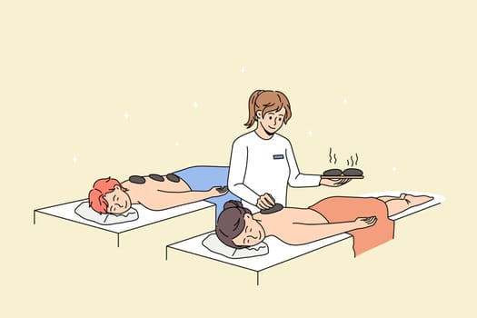 Calm couple relax have hot stone massage therapy in spa together. Happy man and woman rest enjoy body care procedures in saloon or aesthetic clinic. Beauty and cosmetology. Vector illustration.