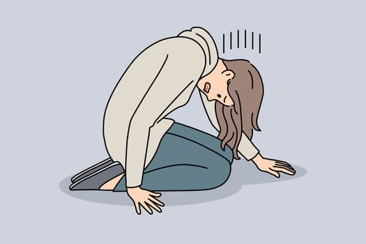 Upset young woman kneel down suffer from depression. Unhappy girl feel stressed broken struggle with psychological or mental illness. Healthcare, anxiety and panic. Flat vector illustration.