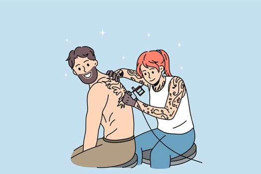 Male client get tattoo on back with female master in saloon. Woman make body art painting for man customer in studio. Tattooing concept. Subculture and diversity. Flat vector illustration.