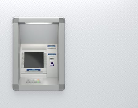 Atm machine with a card reader. Pin code safety, bank account access automatic banking, electronic cash withdrawal, concept. Display screen, buttons, cash dispenser, receipt printer. 3D illustration