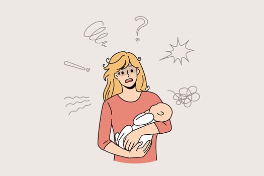 Stressed young mother hold baby in arms feel frustrated with postpartum depression. Anxious single mom feel depressed suffer from psychological mental problems after pregnancy. Vector illustration.
