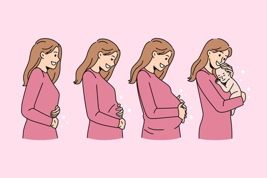 Happy young Caucasian woman in different stages of pregnancy. Smiling female before, during and after childbirth. Maternity and fertility concept. Mother and baby. Flat vector illustration.