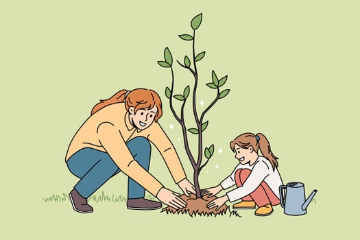 Smiling young mother and small daughter plant seedling in ground take care of environment. Happy mom and little girl child grow tree engaged in gardening activity together. Vector illustration.