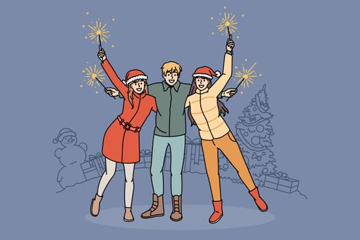 Overjoyed diverse friends relax outdoors with lights celebrate New Year together. Smiling young people have fun enjoy Christmas winter holidays. Celebration, vacation. Vector illustration.