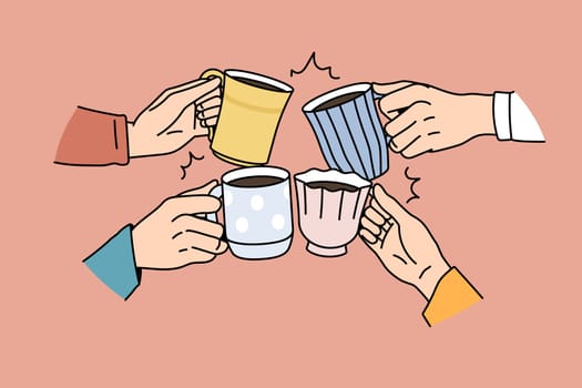 Close up of diverse friends cheers with mugs drink coffee together in morning. People cling cups enjoy tea ceremony, relax eating drinking beverages. Non alcoholic celebration. Vector illustration.
