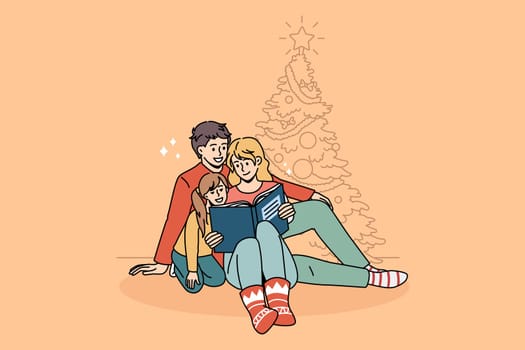 Happy young Caucasian family with kid sit near fir-tree enjoy Christmas holidays reading book together. Smiling parents with child celebrate New Year at home with fairytale. Vector illustration.