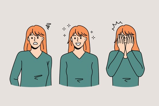 Young Caucasian woman show different emotions, frustration, happiness and fear. Millennial girl demonstrate various face expressions, feel emotional. Vector illustration, cartoon character.
