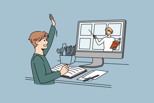 Confident boy child raise hand answer at online school class on computer at home lockdown. Motivated kid study on internet have webcam video call with teacher. Distant education. Vector illustration.