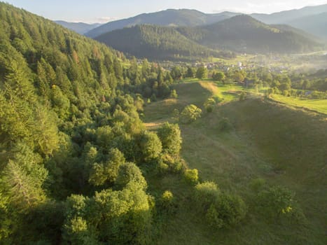 Aerial View of Great Green Ridge. Wooded Mountain Landscape