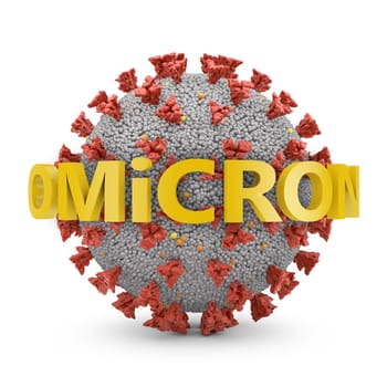 Coronavirus with a volumetric inscription OMICRON on a white background. 3D rendering.