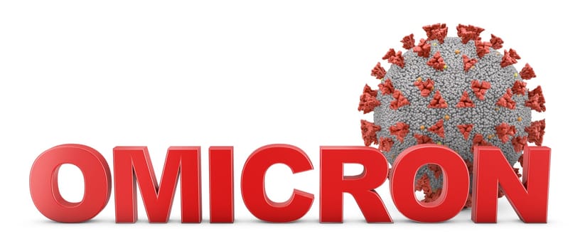 Coronavirus with a volumetric inscription OMICRON on a white background. 3D rendering.
