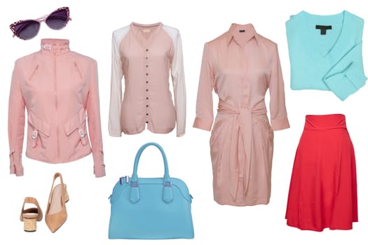 Collage woman clothes. Set of a stylish and trendy women jacket, pink evening dress, elegant beautiful red summer skirt, sweater, blouse, handbag, shoes and other accessories.