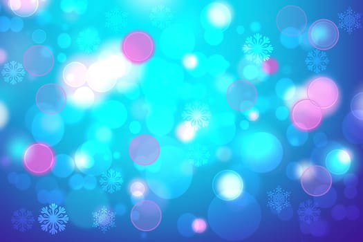 Abstract blurred festive delicate winter christmas or Happy New Year background texture with shiny light turquoise blue and bright bokeh lighted stars and snowflakes. Card concept.