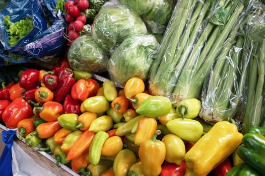 Vegetables at a market- different peppers celery and greens