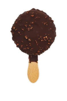 Chocolate ice cream with nuts on a stick isolated over white background