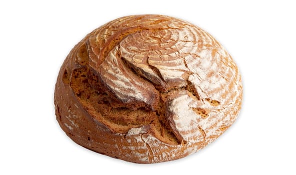 Loaf of fresh round rye Bread isolated on white background.