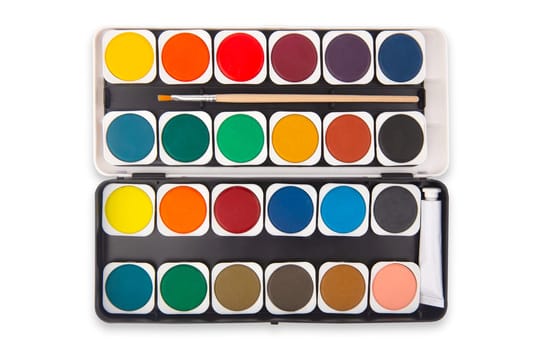 New Paintbox with set of watercolors isolated over white background.