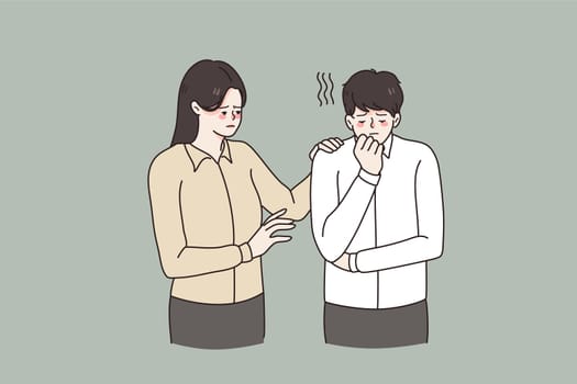 Support and helping hand concept. Young emphatic woman standing touching shoulder of sad depressed man supporting him trying to help vector illustration