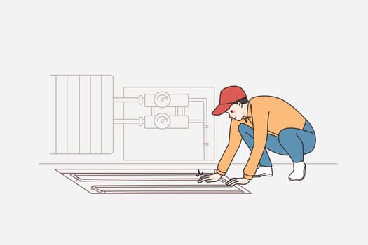 Repairing and construction works concept. Positive young worker in cap sitting and making flooring for apartment vector illustration