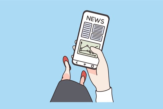 Economical news and technologies concept. Hands of business woman holding smartphone with news of finance and economy on screen vector illustration