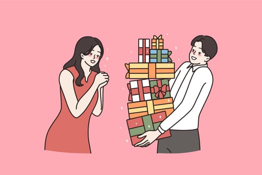 Present and holiday gift concept. Smiling cheerful man carrying stack of holiday presents boxes with ribbons to surprised woman vector illustration