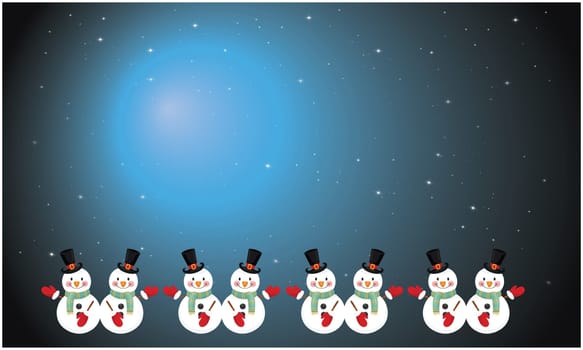 several snowman in an abstract moon night background