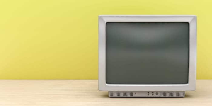 Front view of gray CRT TV on wooden stand