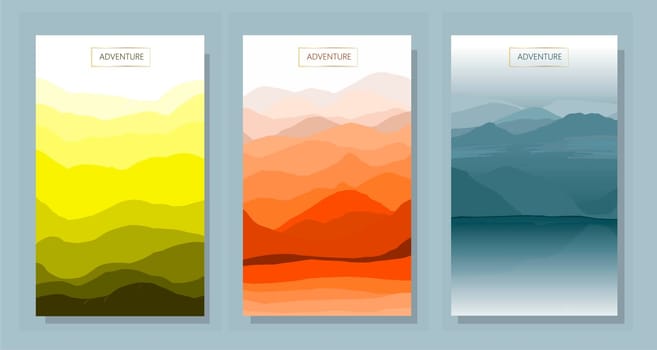 Vector abstract background set. Minimalistic style. Flat concept. Collection of 3 landscapes. Clouds by the water, autumn in the mountains, the northern coast at night. Cover template. User interface design.
