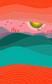 landscape vector abstract background. Minimalistic style. Flat concept. Mountain landscape. Sunset in the mountains. Cover template. User interface design.