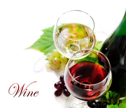 Glass of red and white wine on white background