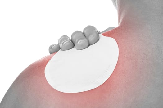 Medical patch therapy for pain relief with an occupational disease syndrome of a young man with shoulder pain. Health problems from overwork.