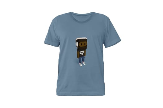 BRATISLAVA, SLOVAKIA - September 29, 2021: NFT Meebit #14307 by Larva Labs. PFP, Metaverse voxel avatar on blue t shirt. Decentralised brand IRL.....