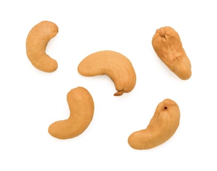 Roasted cashew nuts isolated on white background, flat lay collection. Healthy organic super food concept