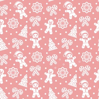Christmas seamless pattern with gingerbread man cookies. Snow flake, Christmas Tree, candy cane. Graphic design element for packaging paper, prints, scrapbooking. Vector illustration