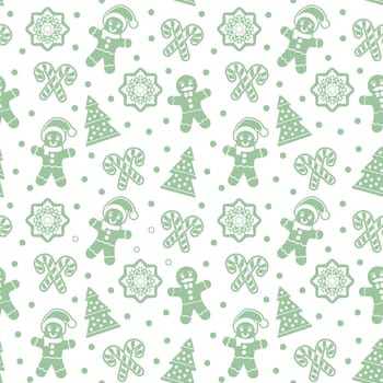 Christmas seamless pattern with gingerbread man cookies. Snow flake, Christmas Tree, candy cane. Graphic design element for packaging paper, prints, scrapbooking. Vector illustration