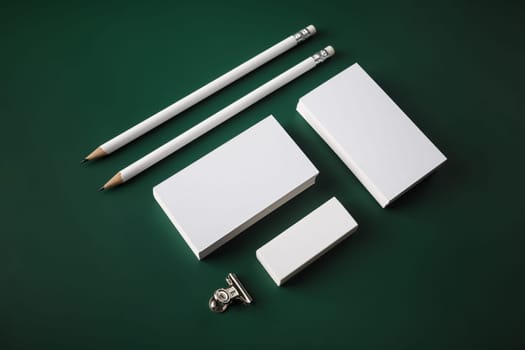 Blank stationery set. Photo of blank business cards, pencils, eraser and clip on green background.