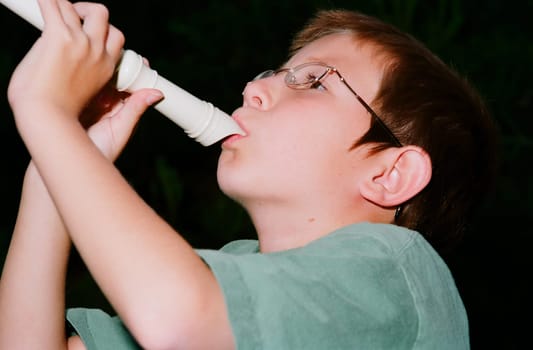 Young boy playing a recorder musical instrument