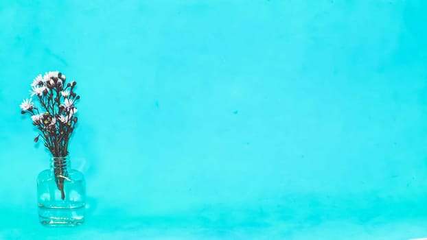 Macro white small flowers in a small transparent glass bottle on a blue background