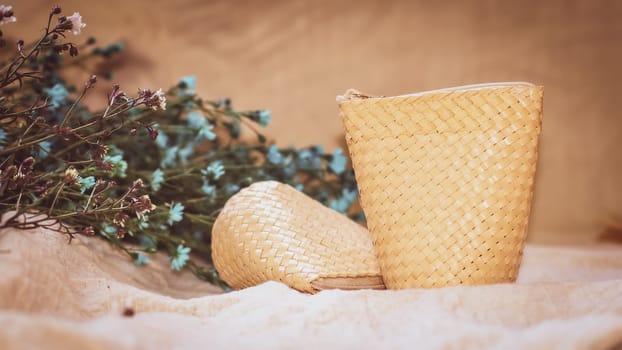 Set of Empty wicker basket on the table with a background in natural linen, Template mock up for display of product