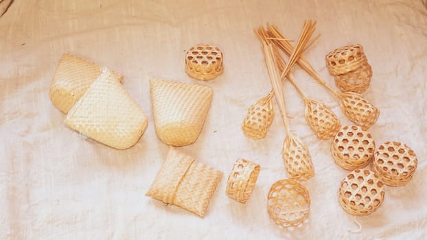 Set of Empty wicker basket on the table with a background in natural linen, Template mock up for display of product