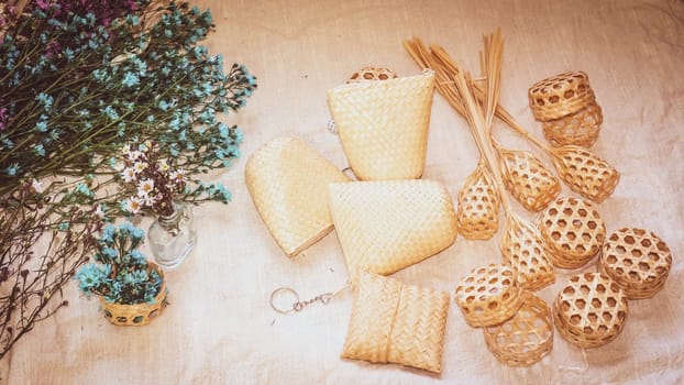 Set of Empty wicker basket on the table with a background in natural linen, Template mock up for display of product