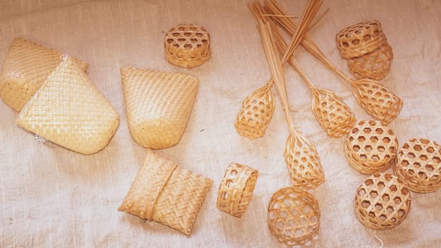 Set of Empty wicker basket on the table with a background in natural linen, Template mock up for display of product