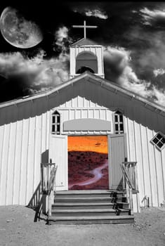 Surreal wooden church with night moon