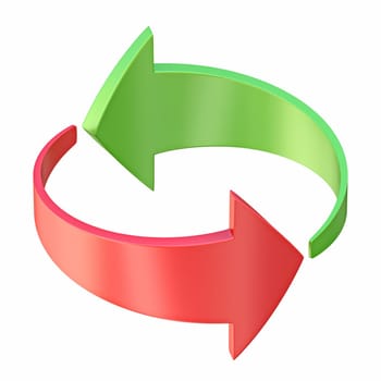 Red and green arrows are moving towards circular motion 3D rendering illustration isolated on white background