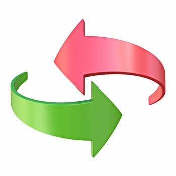 Red and green arrows are moving towards 3D rendering illustration isolated on white background