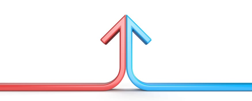 Arrow formed by two merging red and blue lines 3D rendering illustration isolated on white background