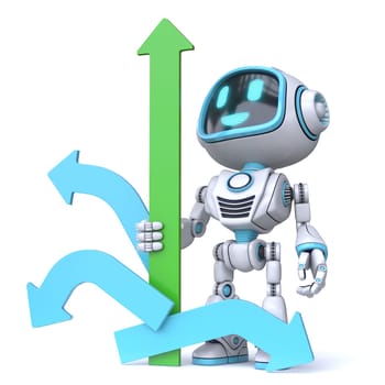 Cute blue robot hold green arrow 3D rendering illustration isolated on white background