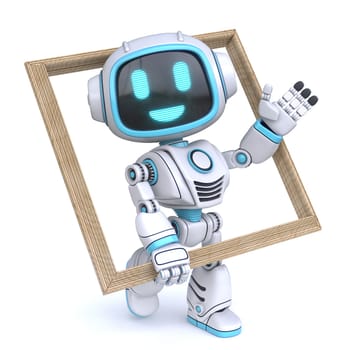 Cute blue robot hold wooden frame 3D rendering illustration isolated on white background